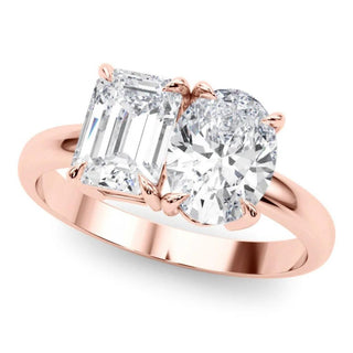 4 Carat Emerald & Oval Cut Moissanite Toi et Moi Engagement Ring In Rose Gold