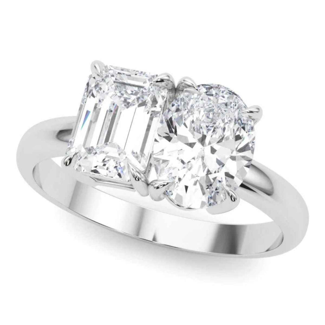 4 Ct Emerald & Oval Cut Moissanite Toi et Moi Engagement Ring In Yellow Gold