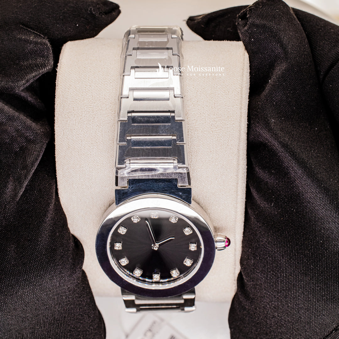 Close Up View Of Black Dial Stainless Steel Ladies Watch
