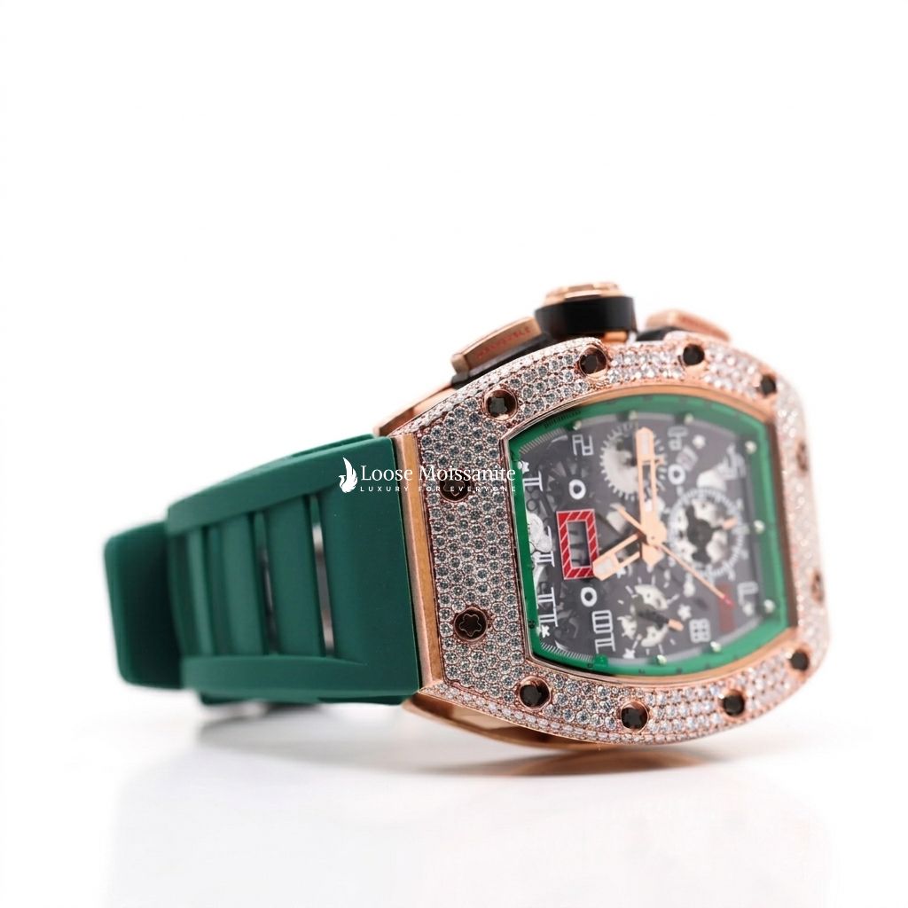 Close View Of Moissanite Watch with Rubber Strap
