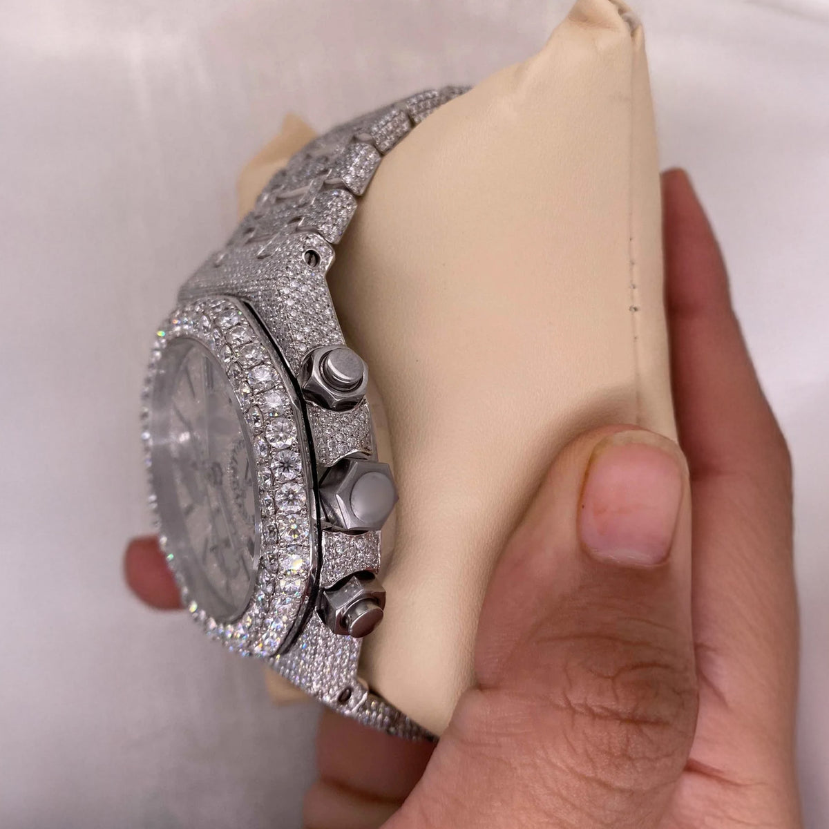 Side view of ap iced out moissanite watch for mens