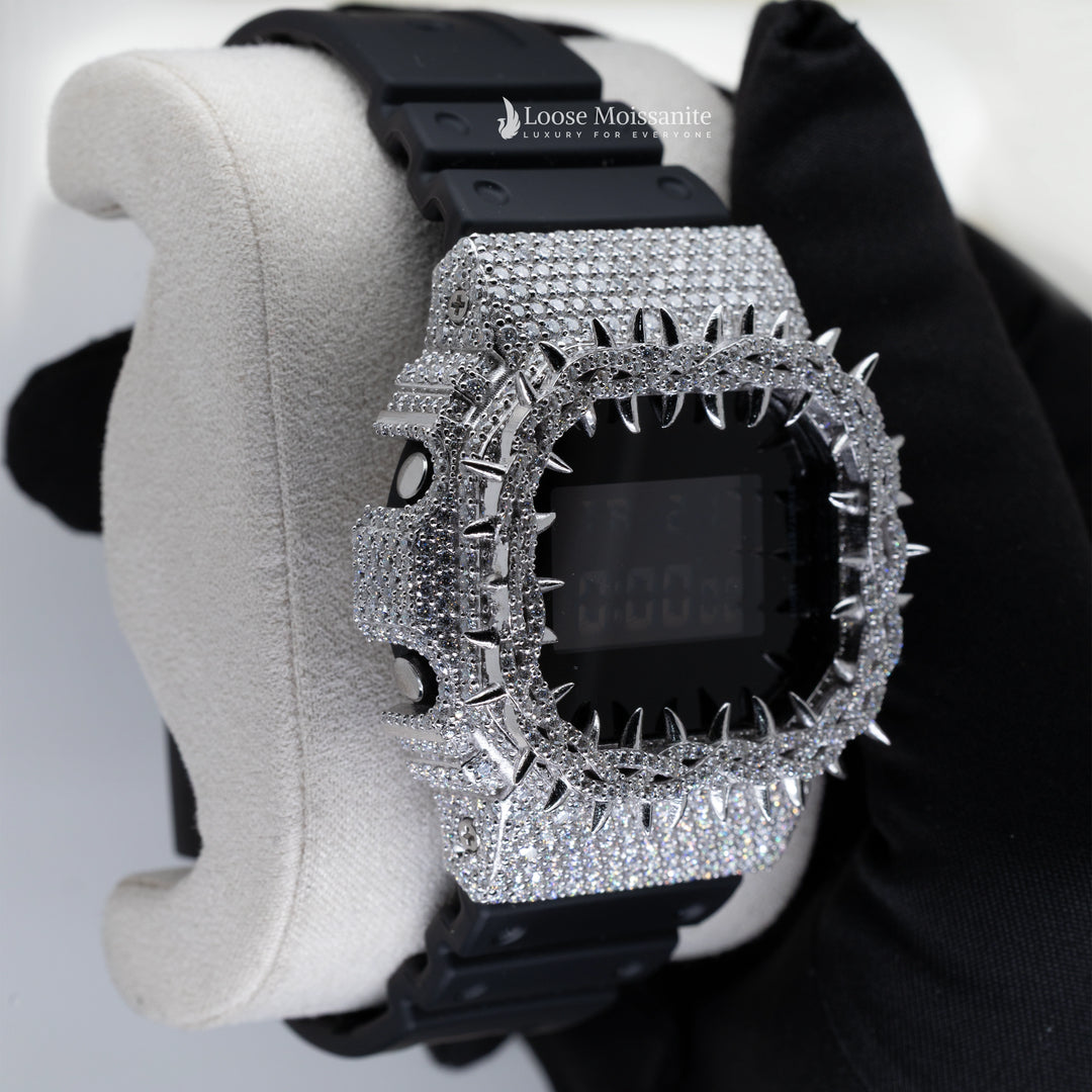 Side View Of Iced-out Moissanite Black Dial DW-5600 watch