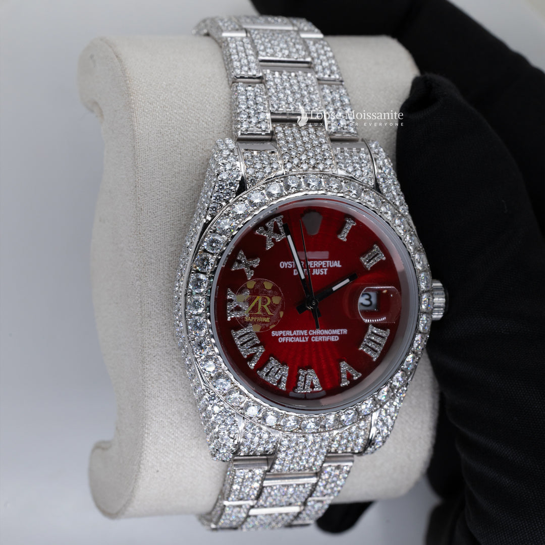 Side View Of Datejust Moissanite Red Dial Iced Out Watches