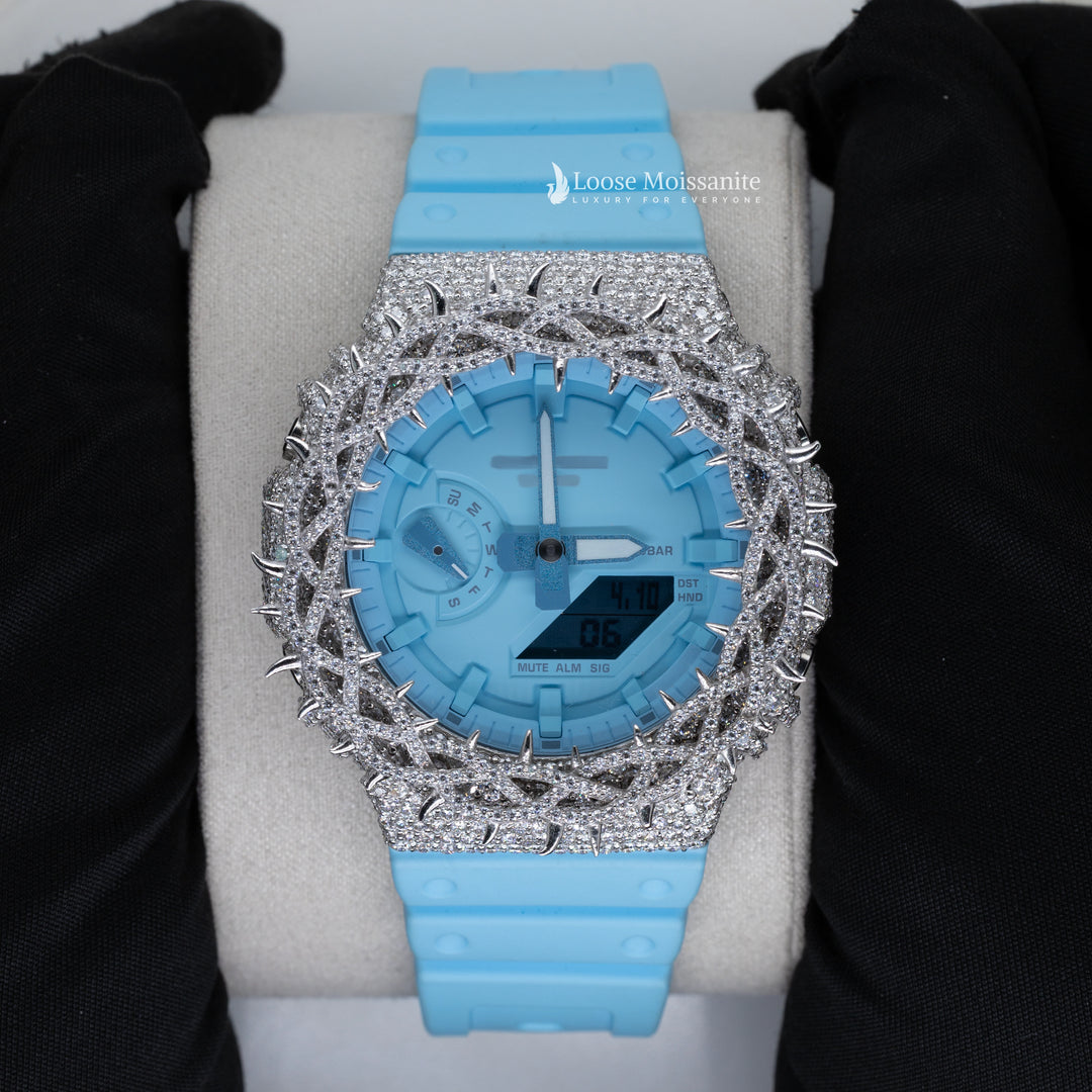 Front View Of Iced-out moissanite men's watches with thorn crown design