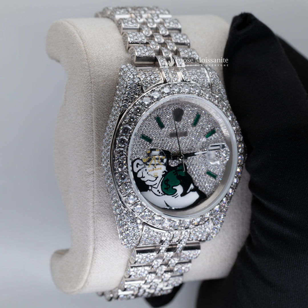 Custom Green Pave Monopoly Dial Moissanite Datejust Watch