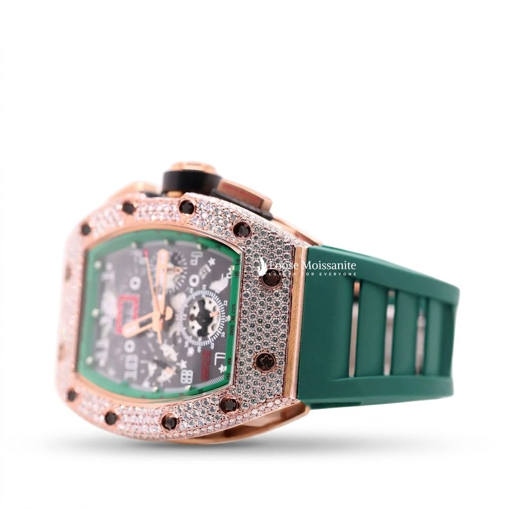 Side View Of Moissanite Watch with Rubber Strap