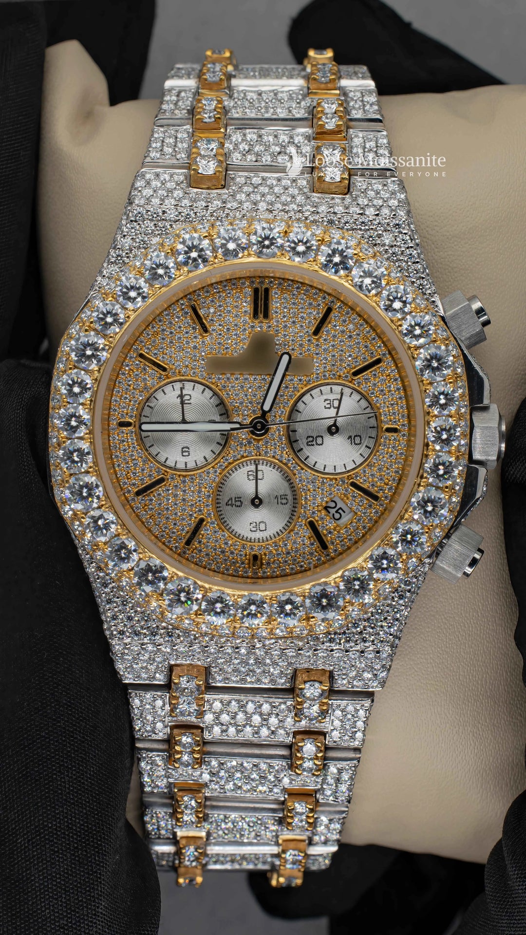 Front View of AP Moissanite Hip Hop Watch | 41 MM | Yellow Gold Tone