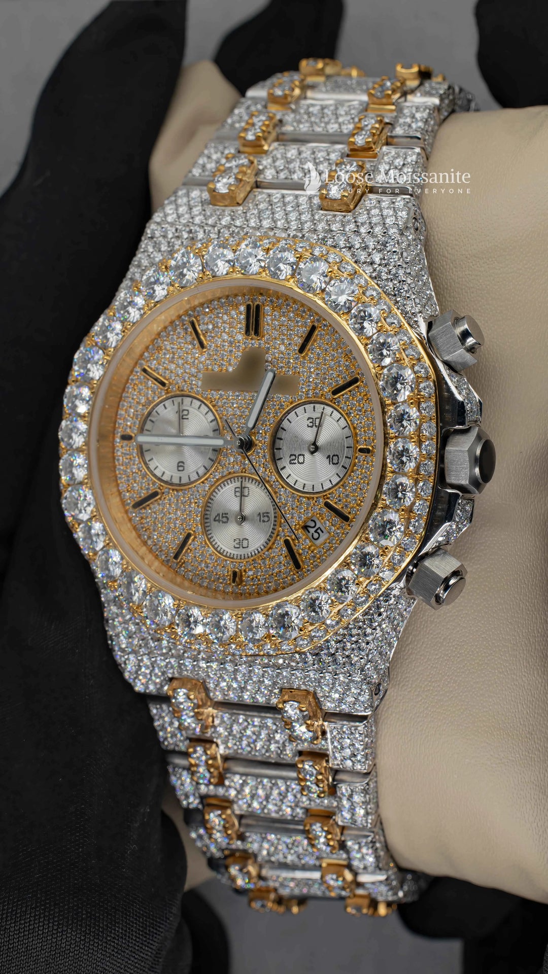 Side View of AP Moissanite Hip Hop Watch | 41 MM | Yellow Gold Tone