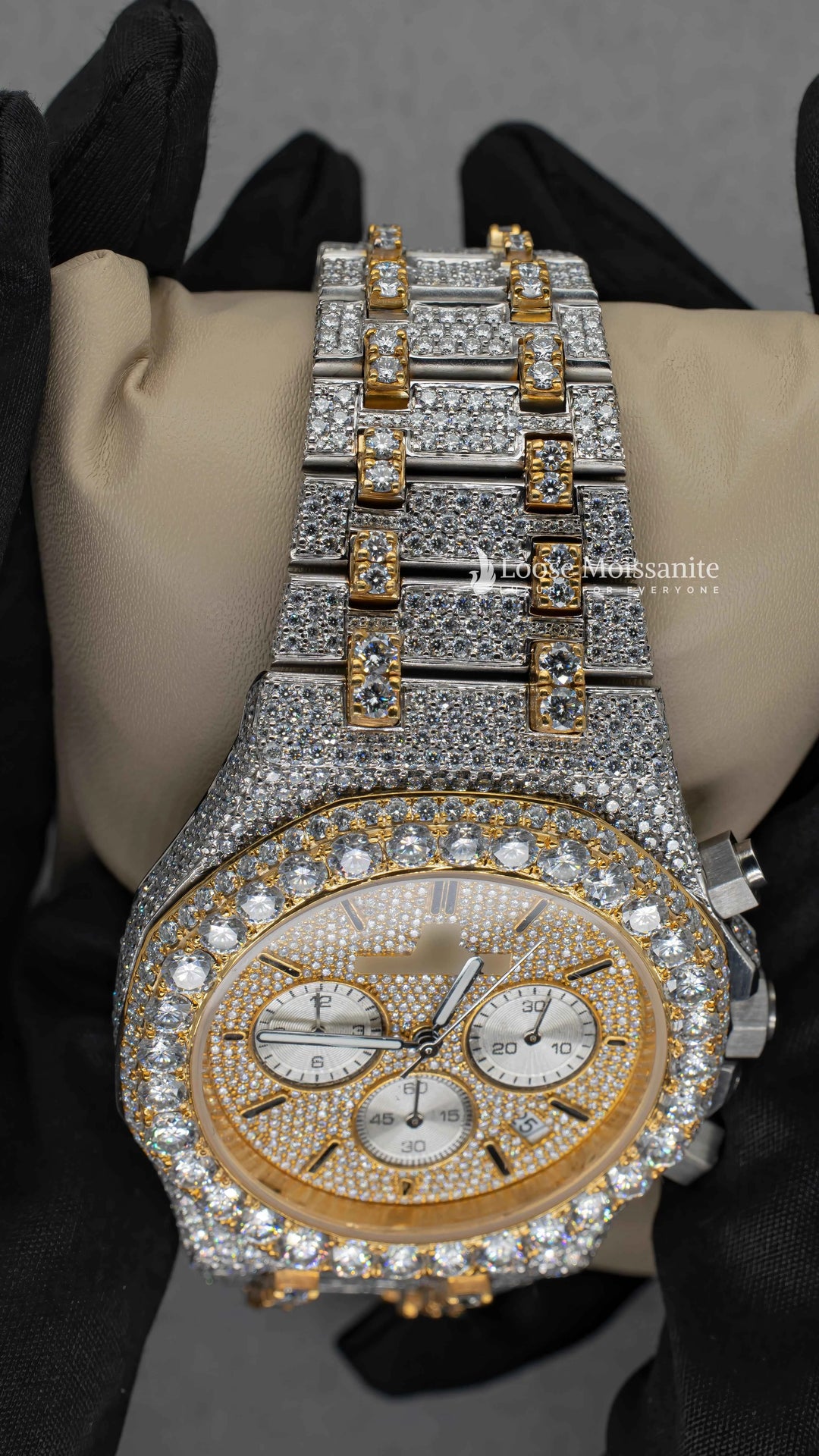 Close up view of AP Moissanite Hip Hop Watch | 41 MM | Yellow Gold Tone