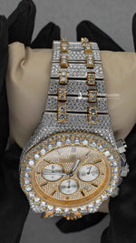 Load image into Gallery viewer, Close up view of AP Moissanite Hip Hop Watch | 41 MM | Yellow Gold Tone
