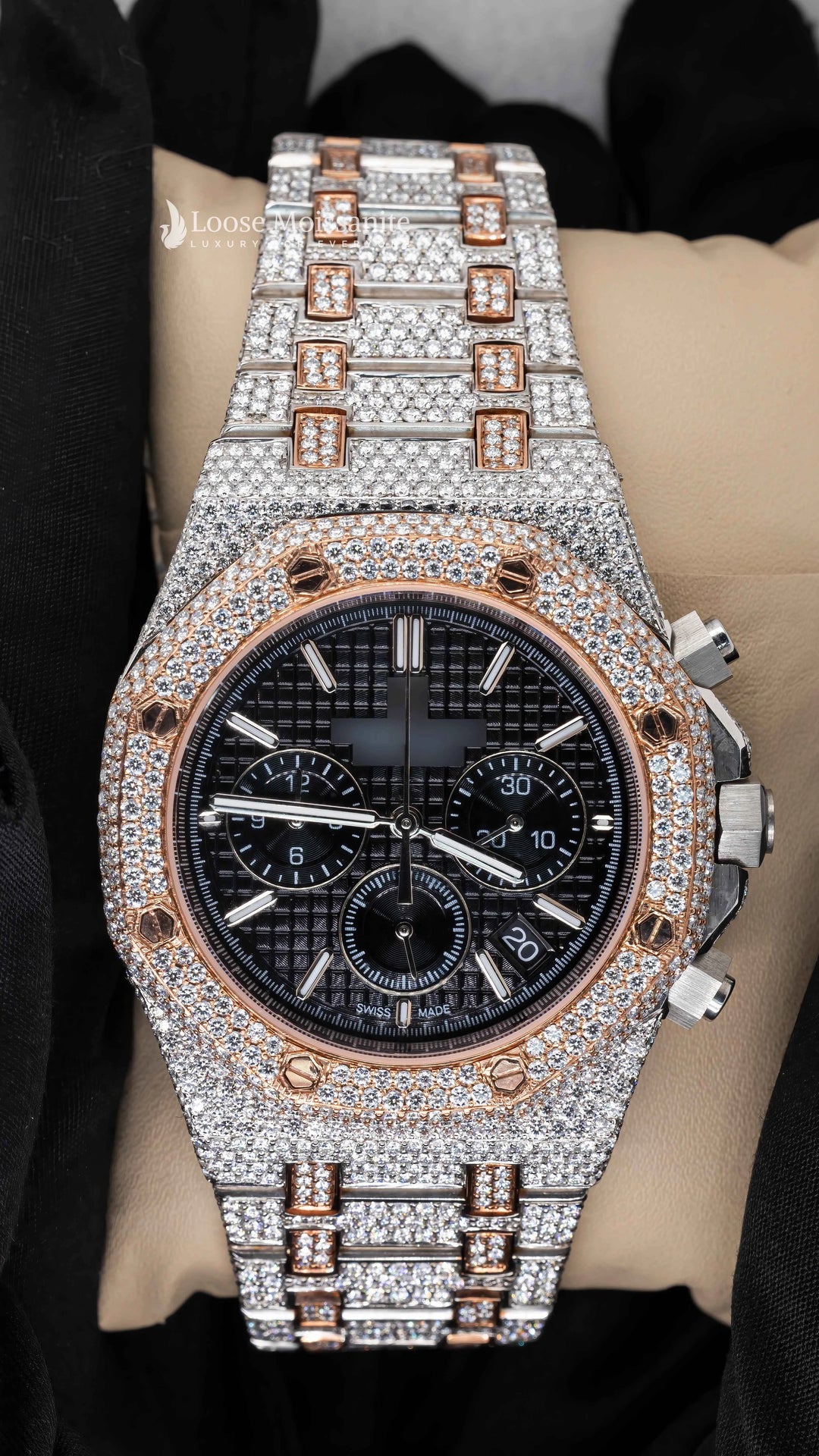 Front View of AP Royal Oak Moissanite Watch | 41 Mm | Rose Gold Tone