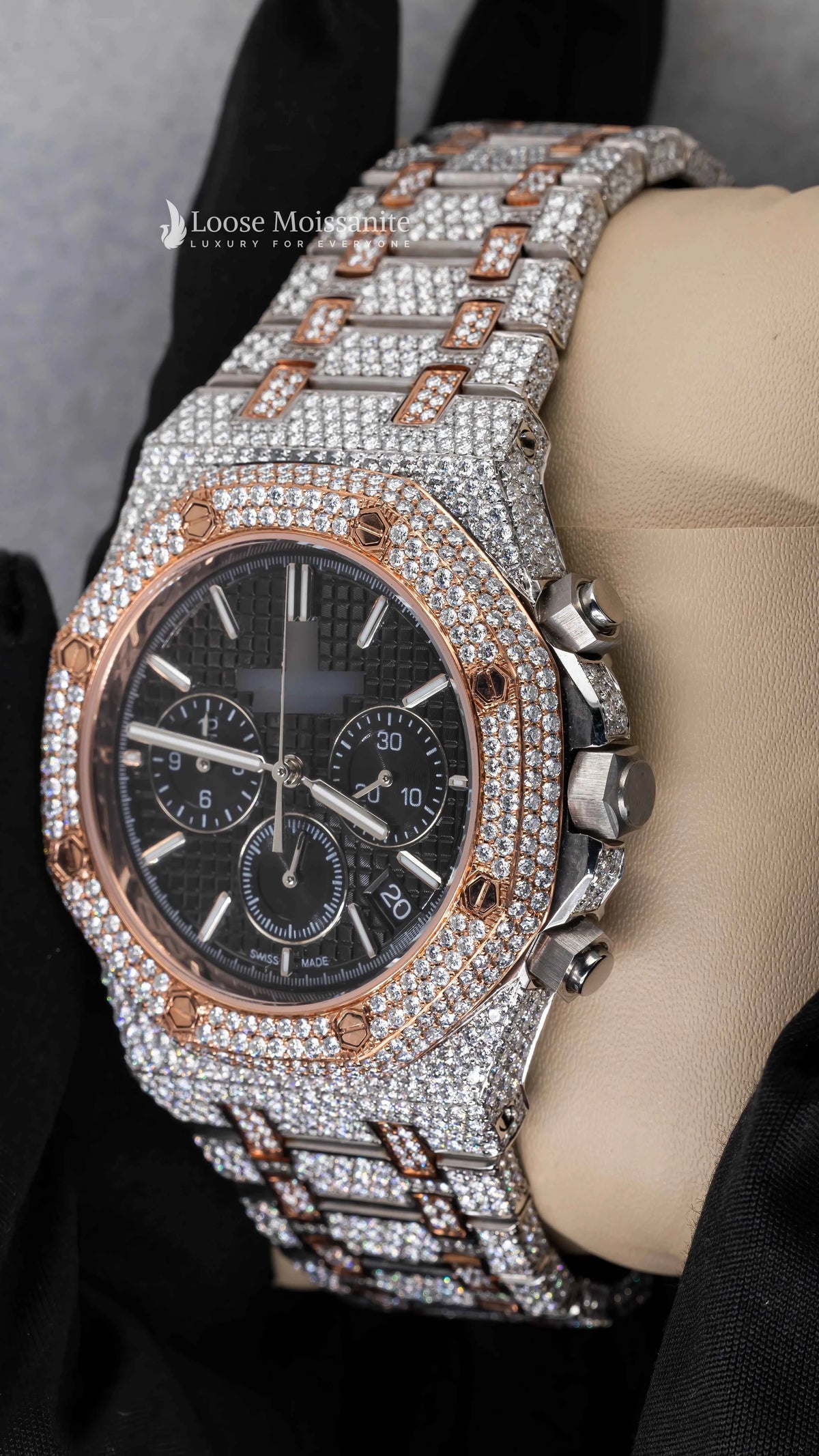 Side view of ap royal oak moissanite watch | 41 mm | rose gold tone