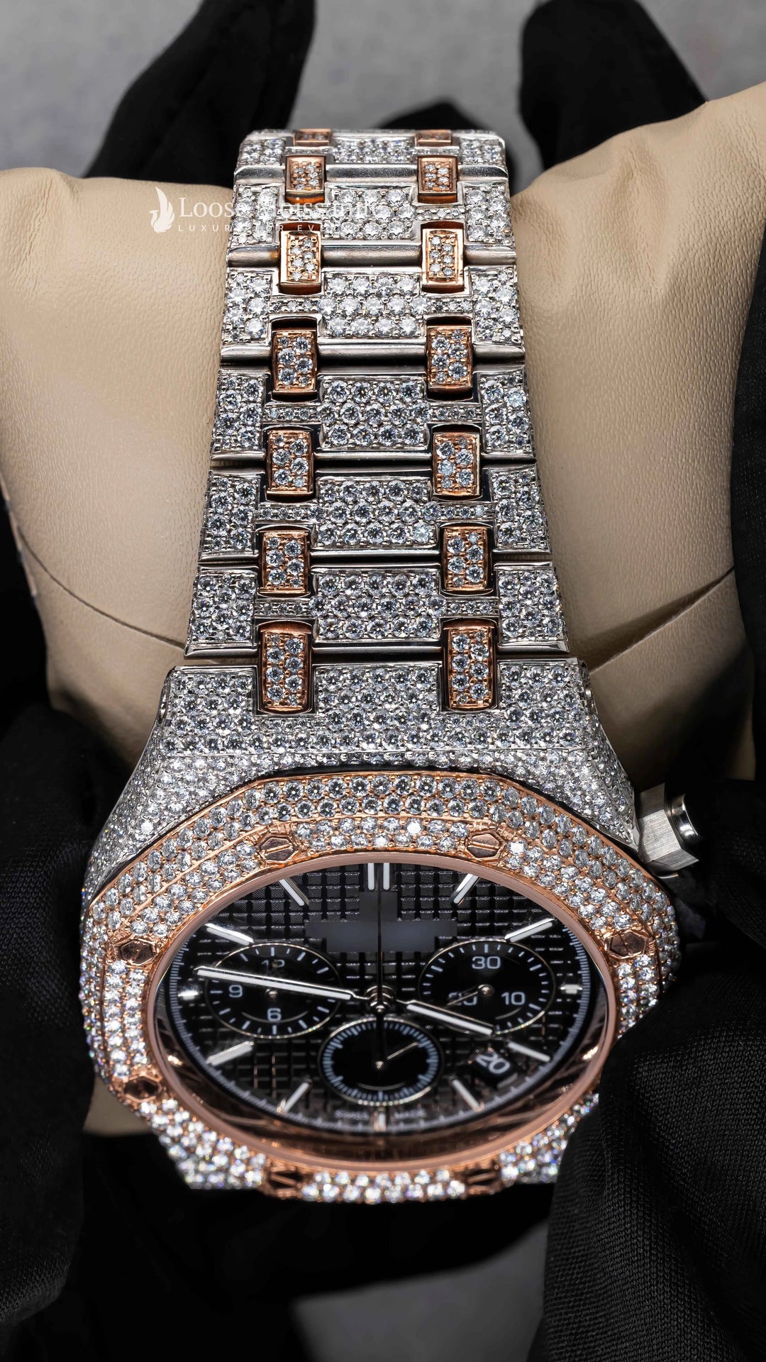 Close up view of AP Royal Oak Moissanite Watch | 41 Mm | Rose Gold Tone