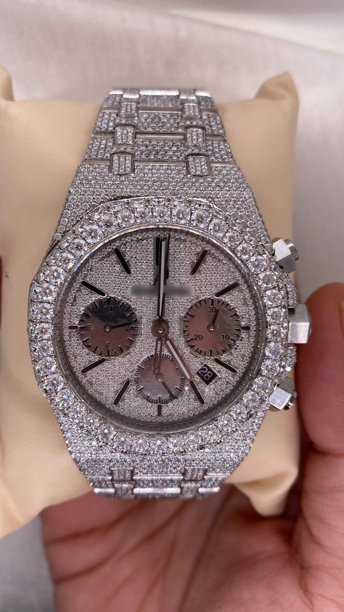 Front look of ap iced out moissanite watch for mens