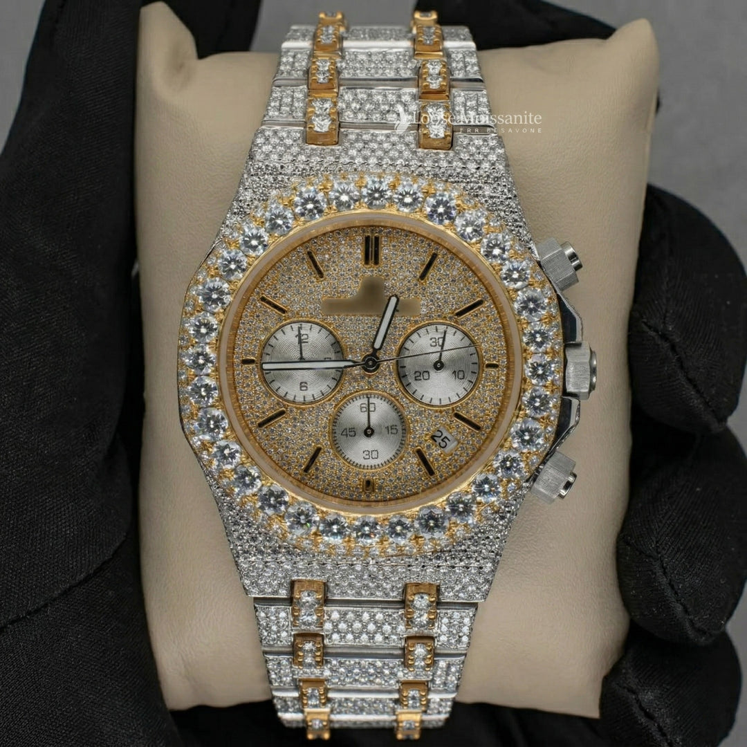 Front View Of AP Moissanite Hip Hop Watch | 41 MM | Yellow Gold Tone