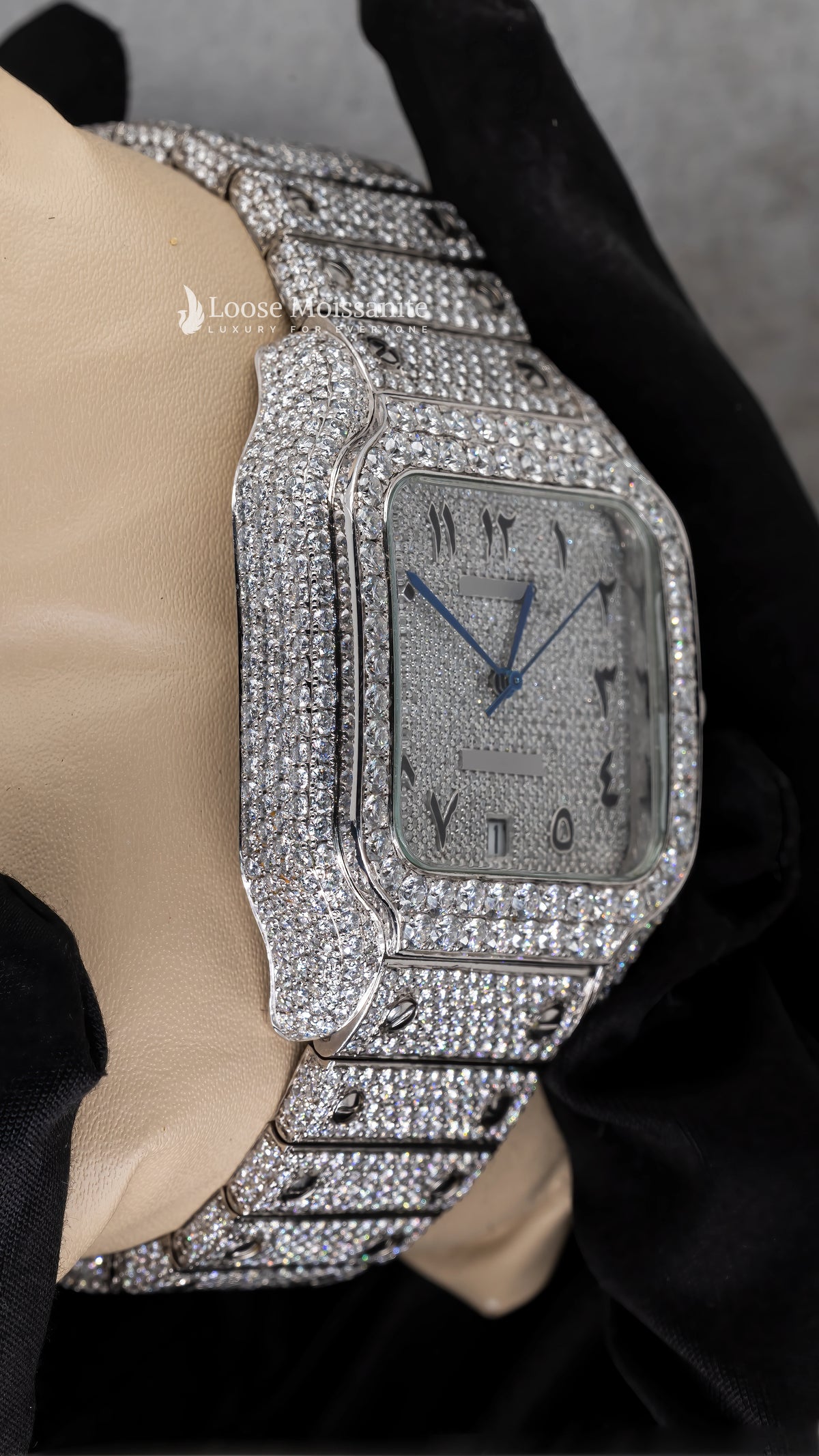 Side view of arabic dial moissanite square watch  41 mm