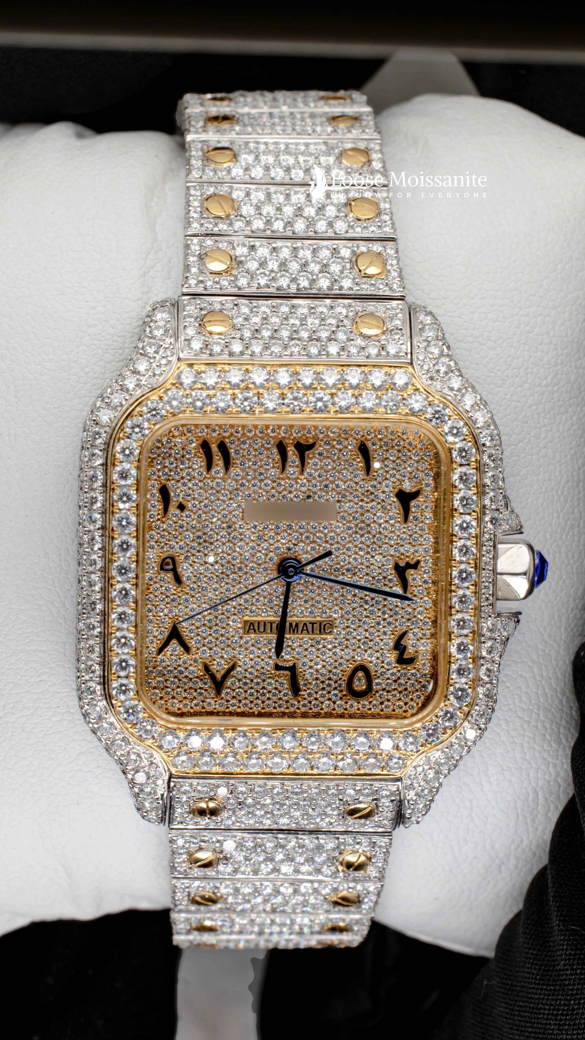 Front view of arabic dial moissanite watch for women | 36 mm | yellow gold tone