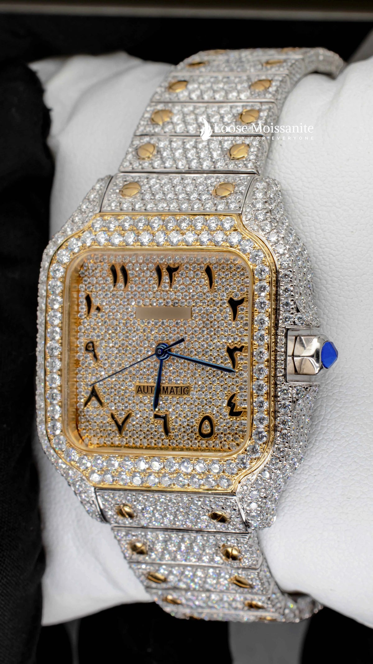 Side view of arabic dial moissanite watch for women | 36 mm | yellow gold tone