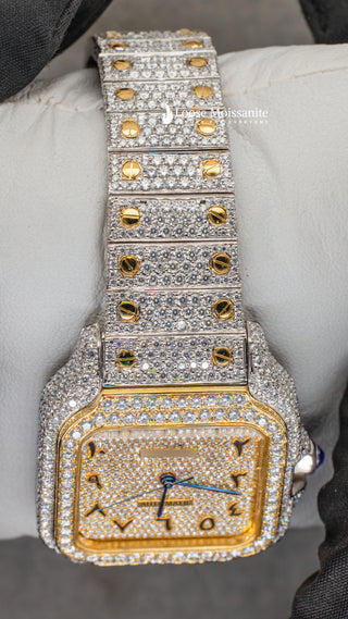 Close Up View of Arabic Dial Moissanite Watch For Women | 36 MM | Yellow Gold Tone