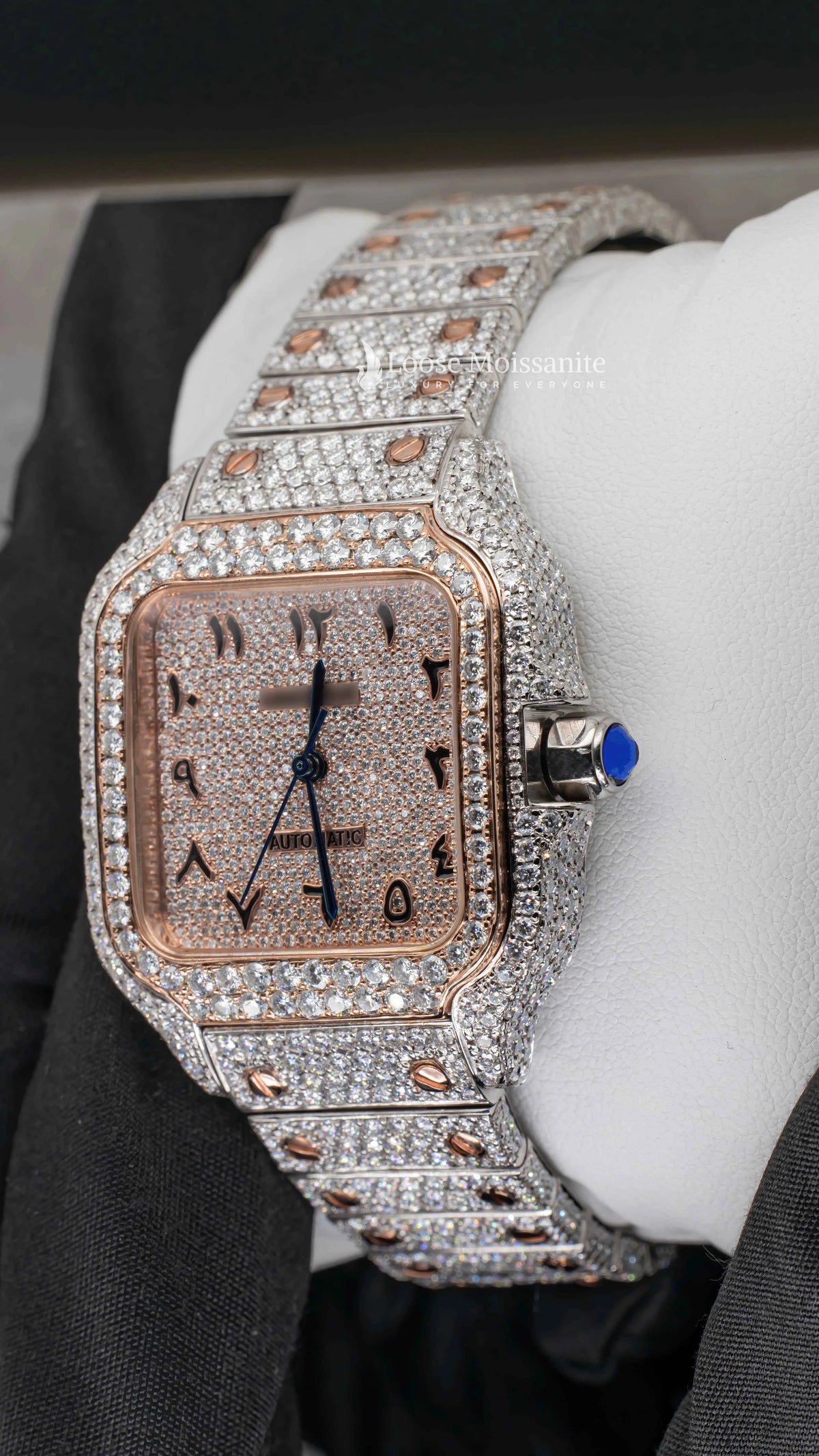 Side view of arabic dial moissanite watch for women | 36 mm