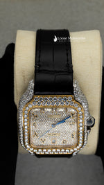 Load image into Gallery viewer, Close up View Of Arabic Yellow Dial Black Leather Belt Moissanite Watch 41 MM
