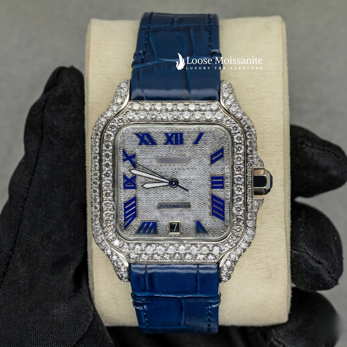 Front view of arabic white dial blue leather belt moissanite watch | 41 mm