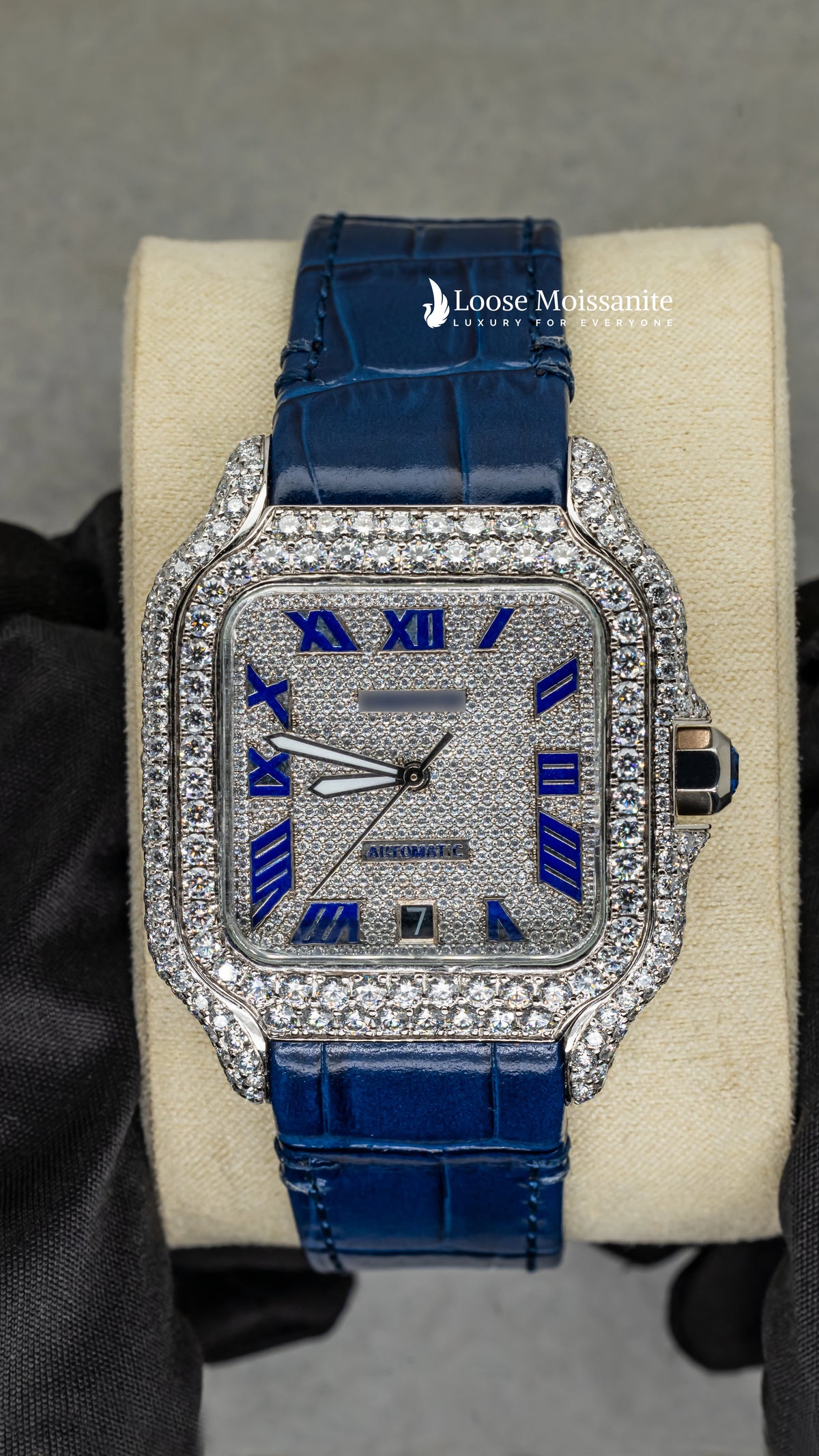 Front view of arabic white dial blue leather belt moissanite watch | 41 mm