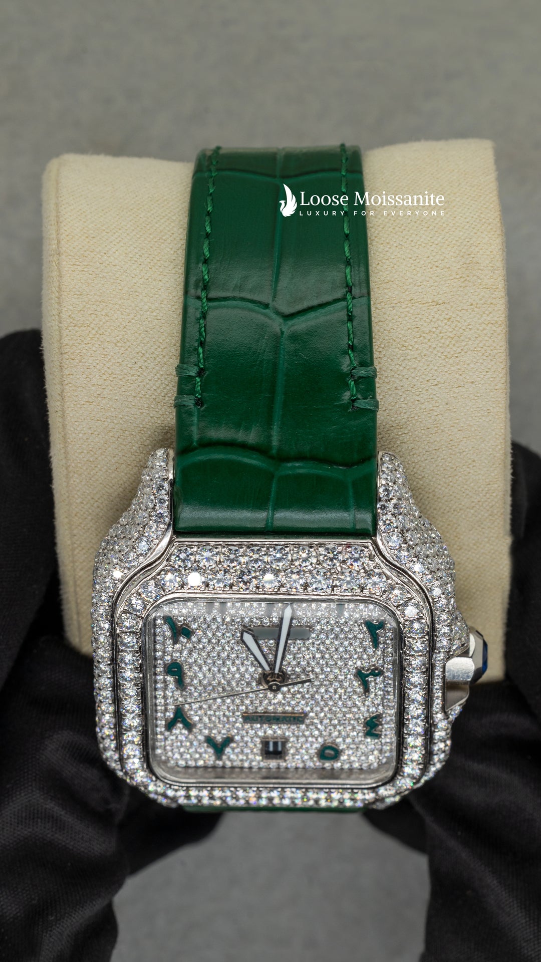 Close up View Of Arabic White Dial Green Leather Belt Moissanite Watch | 41 MM