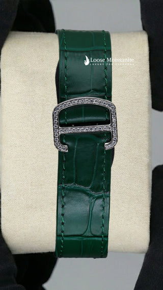 Back View Of Arabic White Dial Green Leather Belt Moissanite Watch | 41 MM