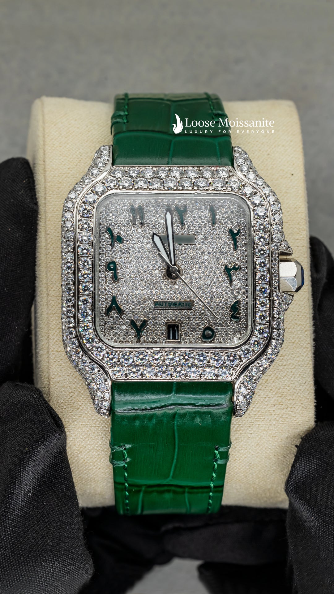 Front View Of Arabic White Dial Green Leather Belt Moissanite Watch | 41 MM