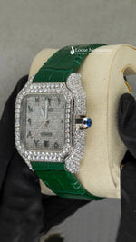 Load image into Gallery viewer, Side View Of Arabic White Dial Green Leather Belt Moissanite Watch | 41 MM
