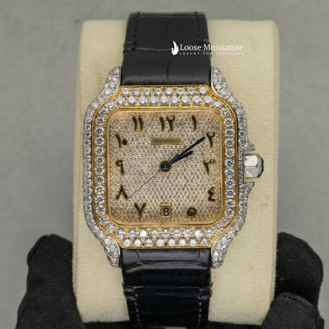 Front View Of Arabic Yellow Dial Black Leather Belt Moissanite Watch | 41 MM