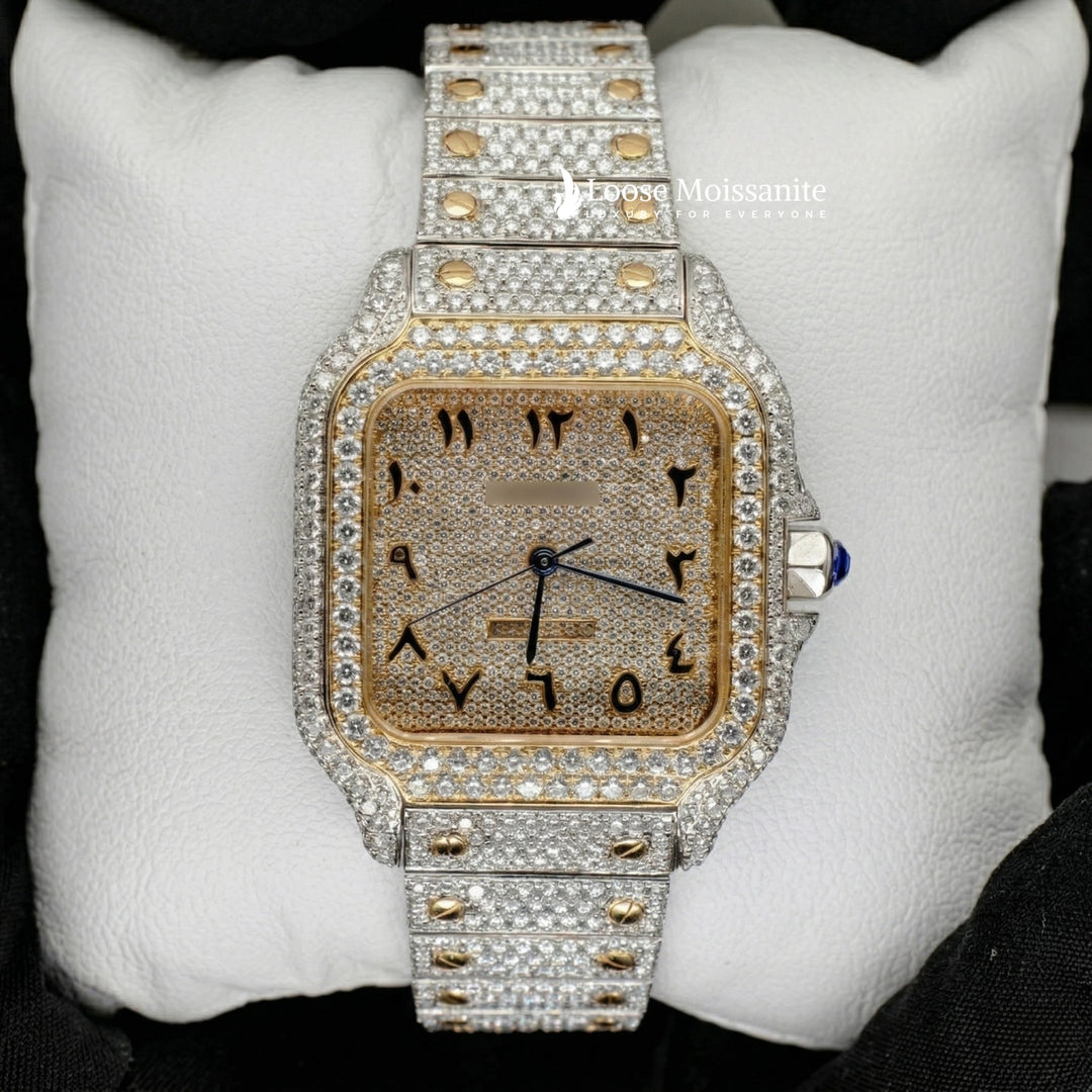 Front View Of Arabic Dial Moissanite Watch For Women | 36 MM | Yellow Gold Tone