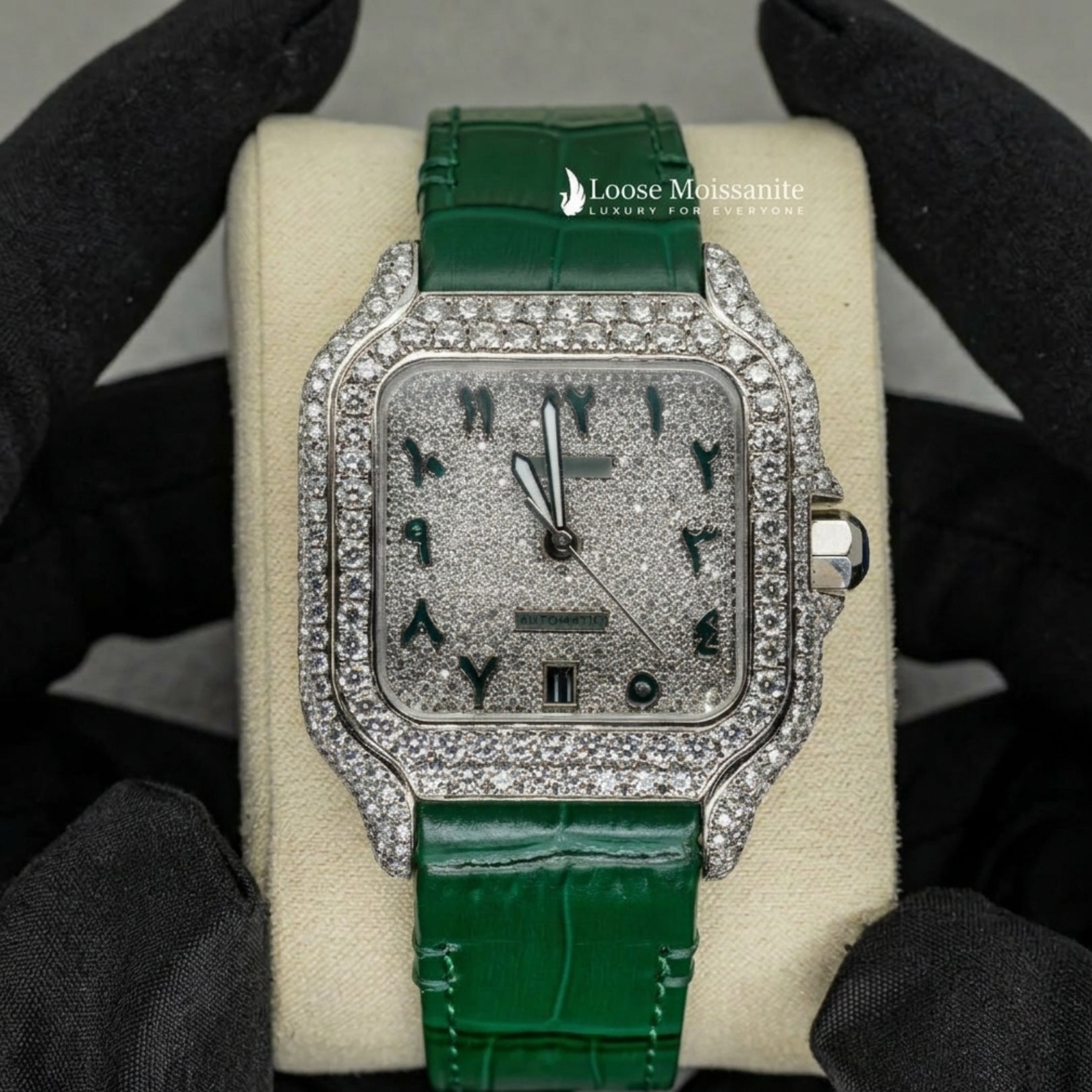 Arabic White Dial Green Leather Belt Moissanite Watch – Loose