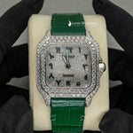 Load image into Gallery viewer, Front View Of Arabic White Dial Green Leather Belt Moissanite Watch | 41 MM

