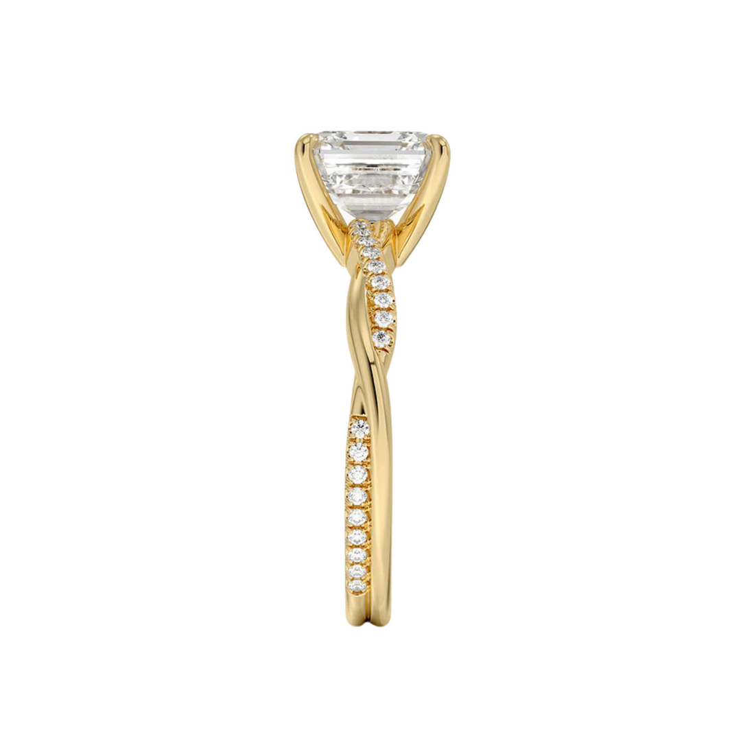 1.50 Carat Asscher Cut Twisted Moissanite Ring in Yellow Gold