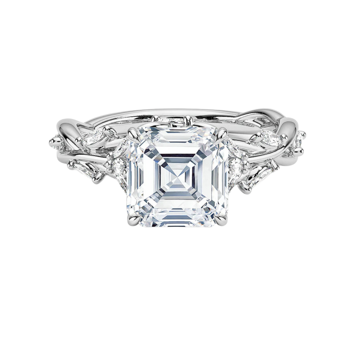2 carat asscher shaped vintage moissanite ring in white gold