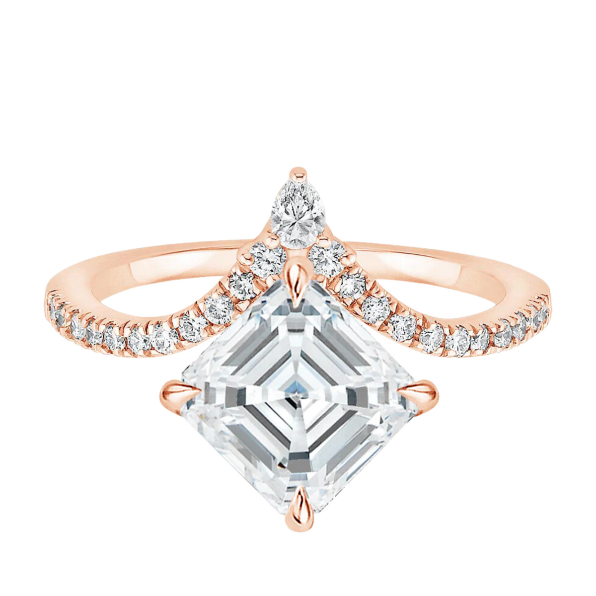 2 carat asscher cut curved moissanite ring in yellow gold