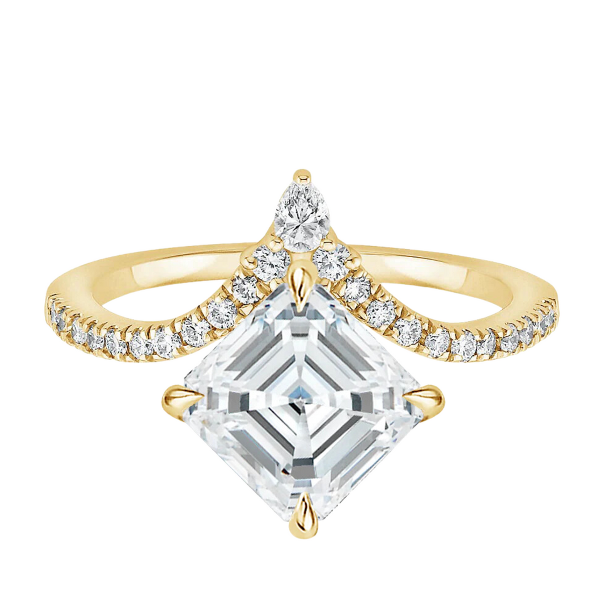 2 carat asscher cut curved moissanite ring in yellow gold