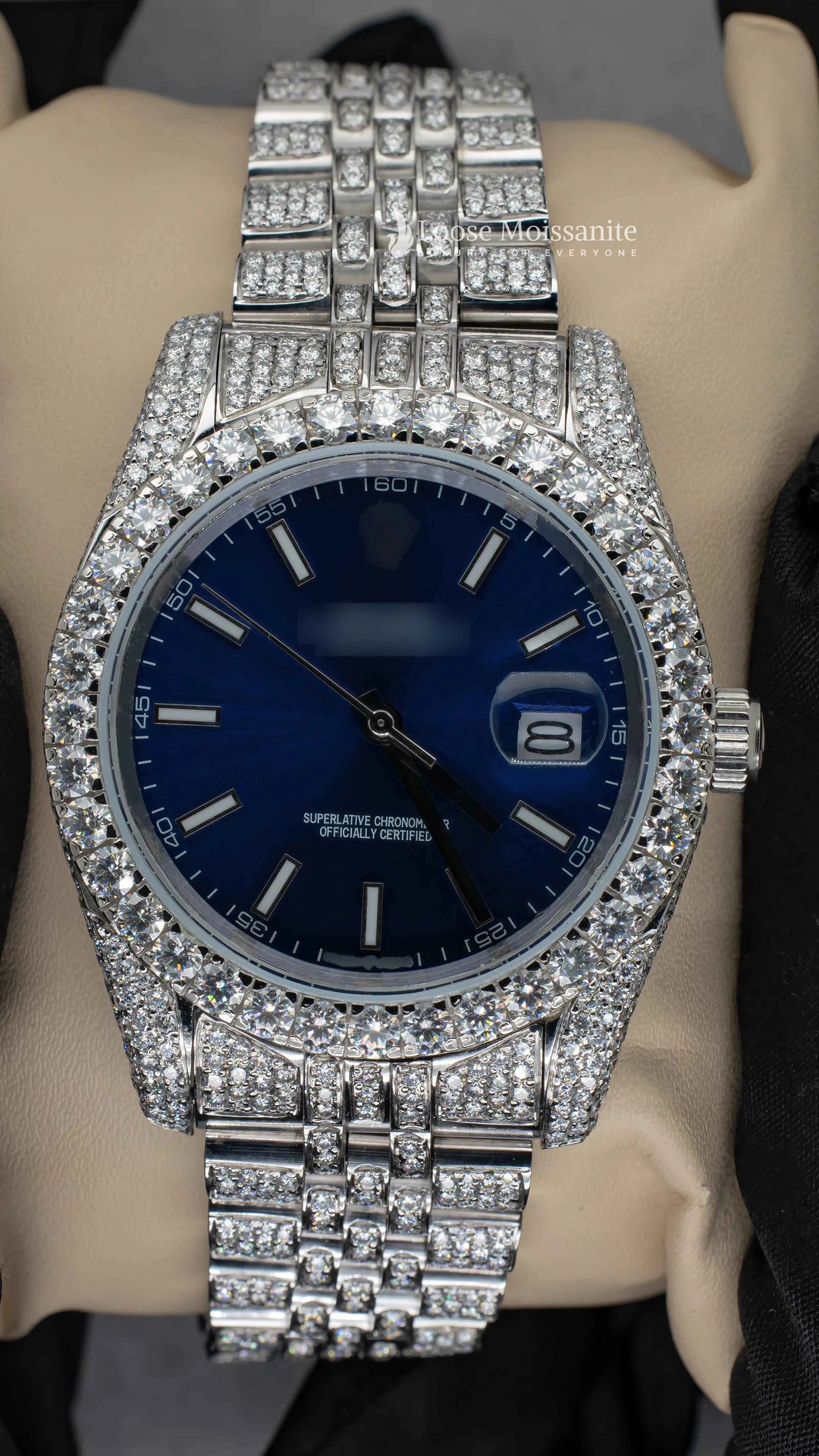 Front View of Blue Face Dial Moissanite Diamond Watch | 41MM