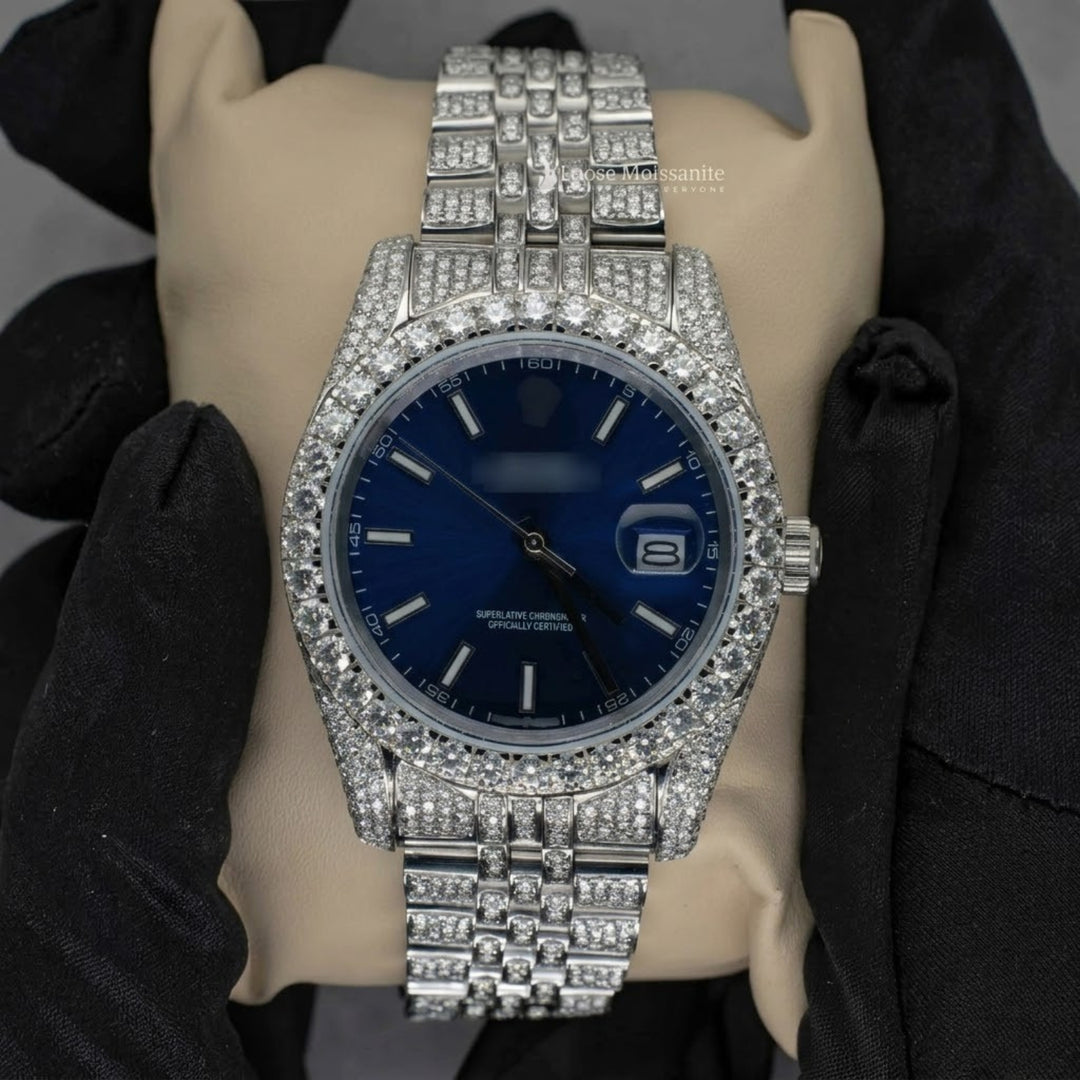 Front View Of Blue Face Dial Moissanite Diamond Watch | 41MM