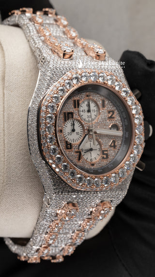 Side Angle Of Bust Down Stainless Steel Moissanite Watch 41 MM Rose Gold Tone