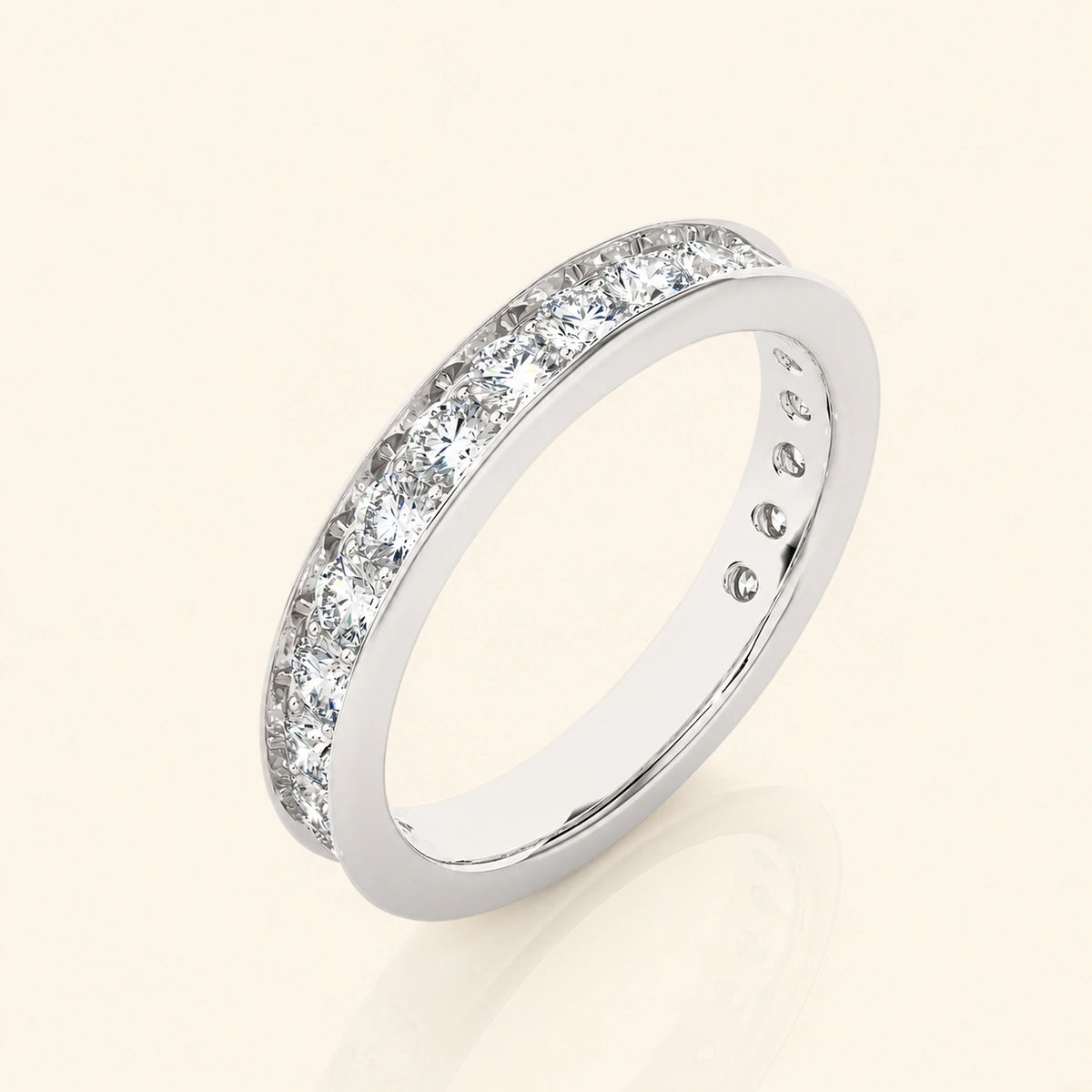 Angle view of half eternity round cut wedding band