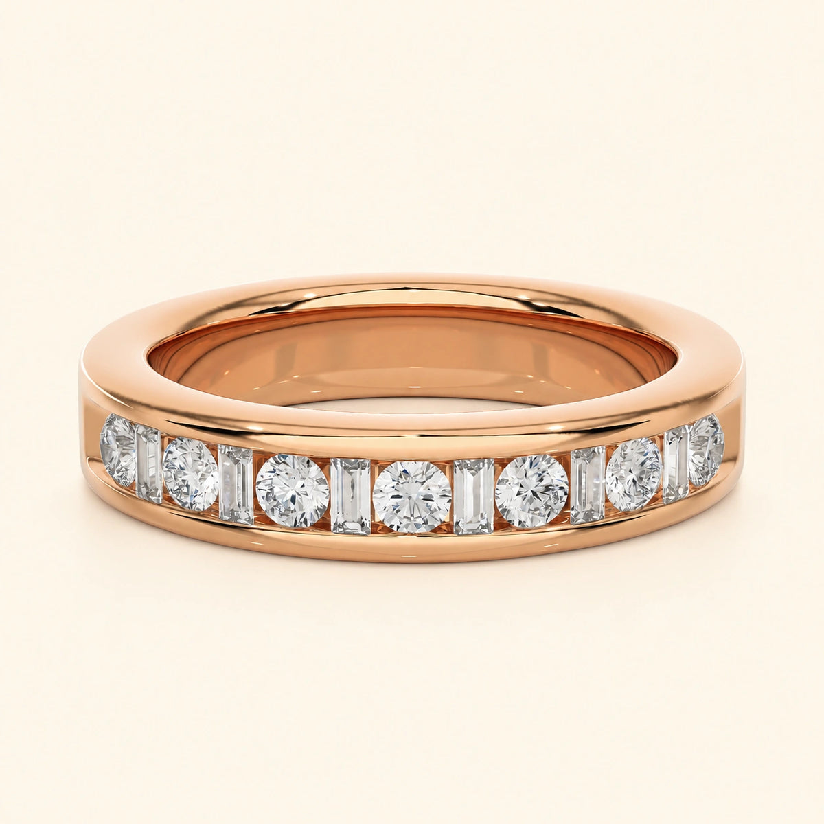 Front view of round baguette wedding band