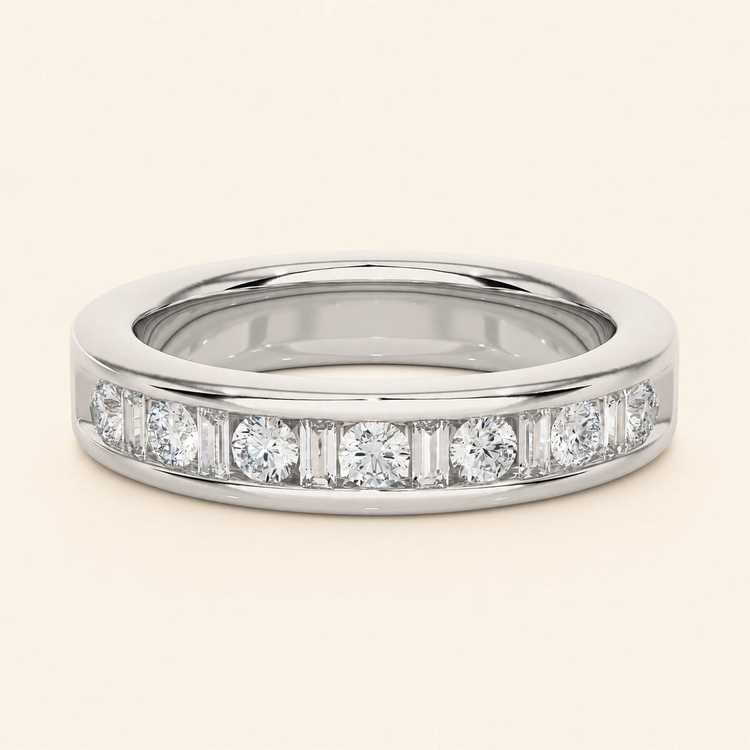 Front View Of Round Baguette Wedding Band
