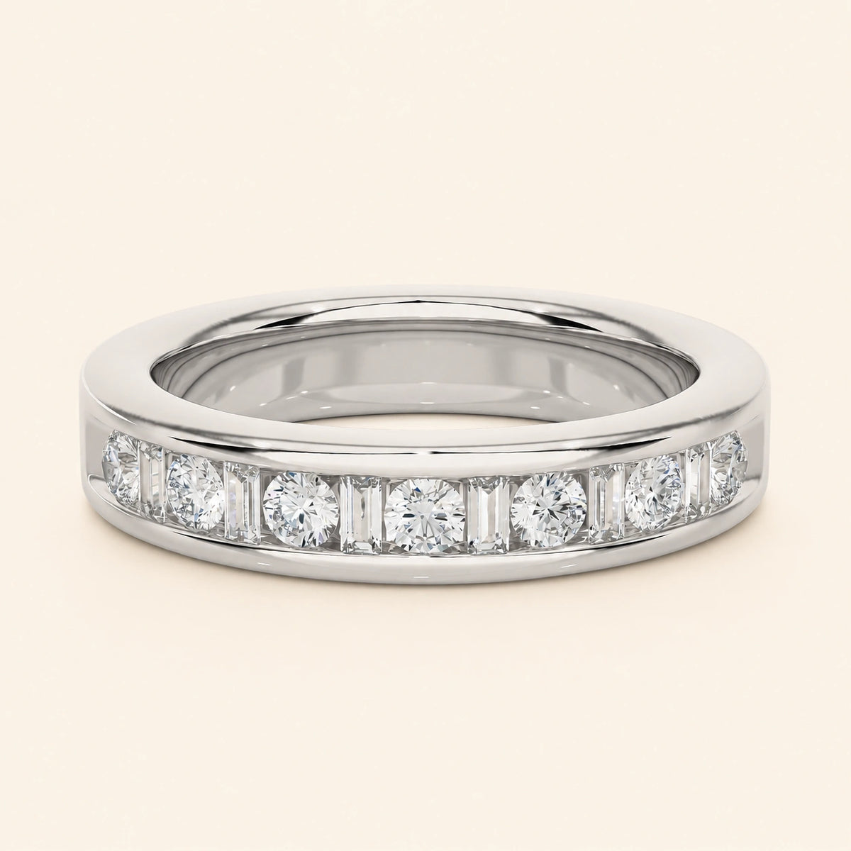 Front view of round baguette wedding band