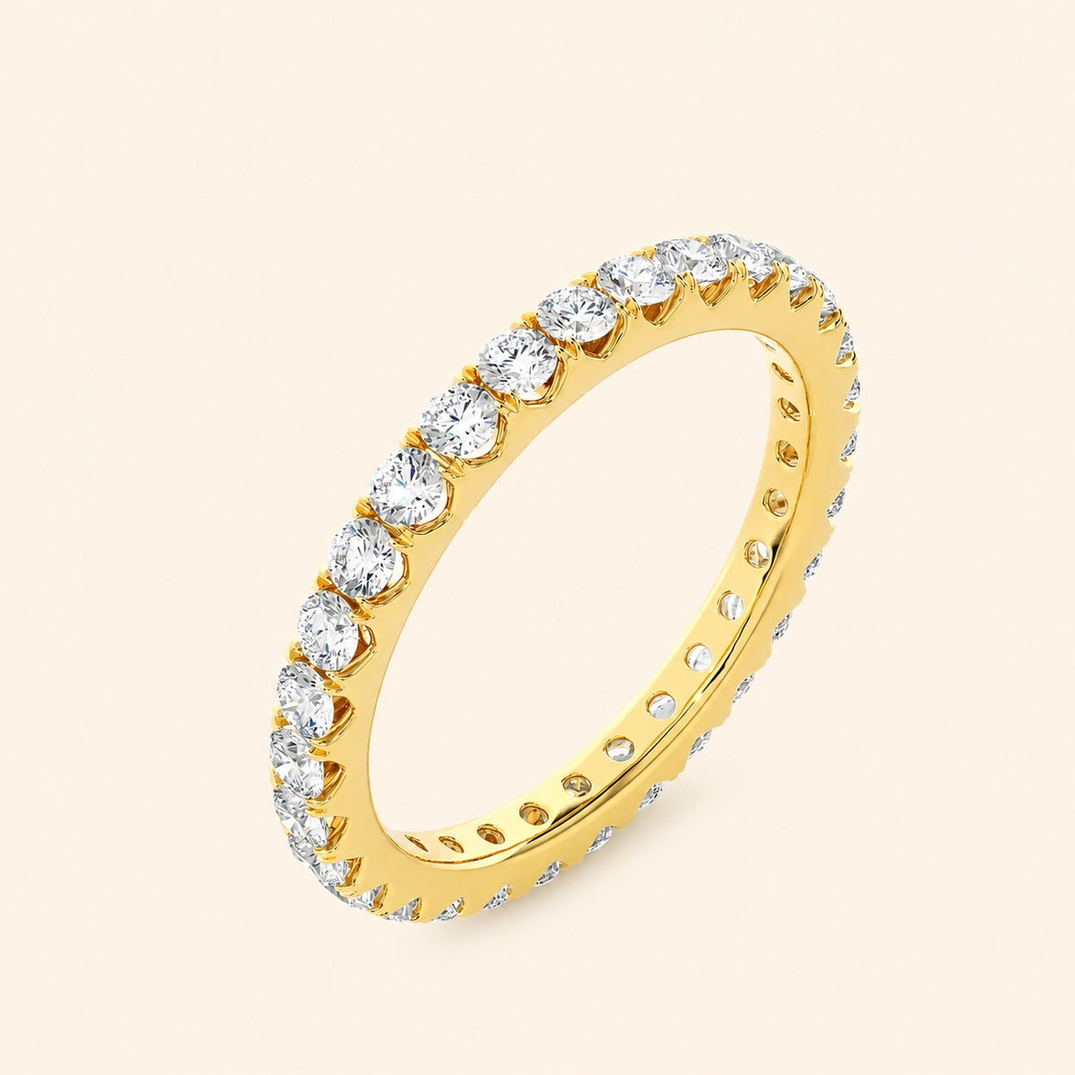Angle view of v split french set wedding band