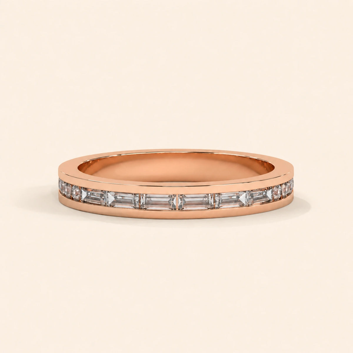 Front view of baguette wedding bands for women