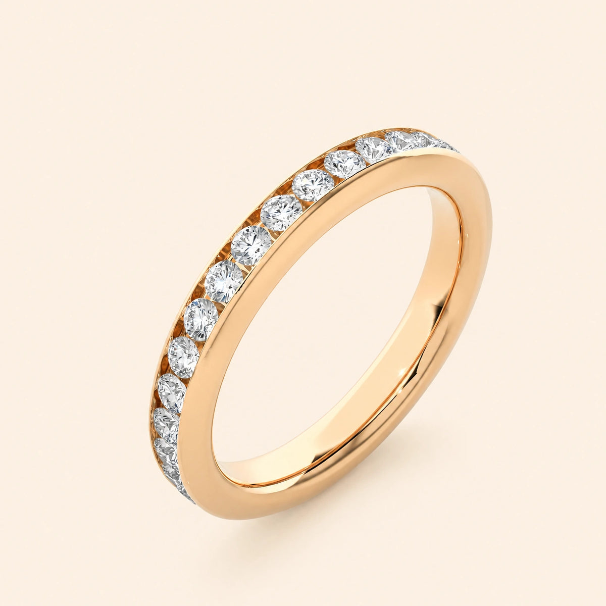 Angle view of channel set eternity wedding band
