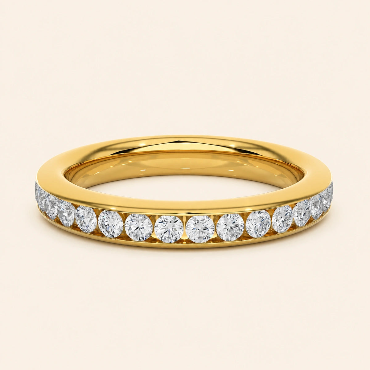 Front view of channel set eternity wedding band